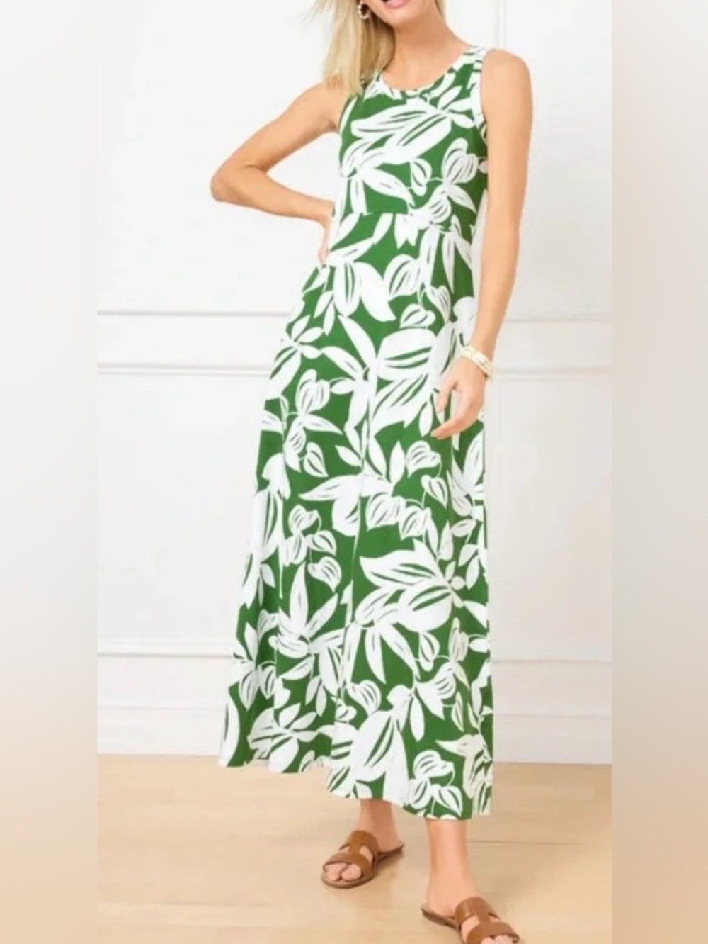 NWOT TALBOTS SLEEVELESS MAXI A-LINE JERSEY DRESS - BOTANICAL PARADISE SZ M